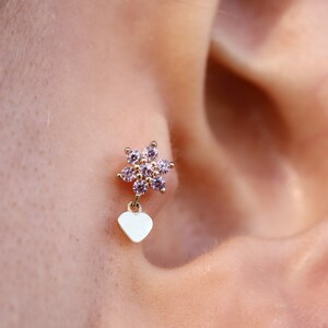 14K Solid Gold Flower and Heart Piercing, Minimalist Tragus Piercing, Gold Stud Ear Piercing, Cartilage Piercing, Helix Piercing