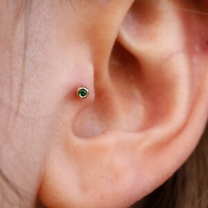 14K Solid Gold Tiny Solitaire Piercing - Real Gold Green Zircon Earrings - Minimalist Gold Tragus Piercings- Helix Piercing - Gift for Women