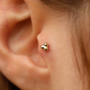 14K Solid Gold Triple Ball Piercing, Minimalist Tragus Piercing, Gold Stud Piercing, Stud Ear Piercing, Cartilage Piercing, Helix Piercing