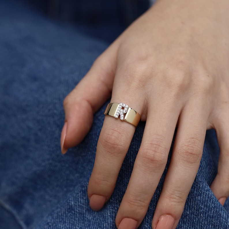 14K Real Gold Zircon Initial Ring - Personalized H Letter Ring - Solid Gold Initial Ring - Statement Rings for Women - Anniversary Gifts image 19