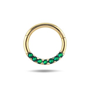 14K Solid Gold Green Gemstone Hoop Piercing - Hinge Hoop Earrings - Real Gold Nose Ring - Gold Cartilage Hoops for Women - Christmas Gift