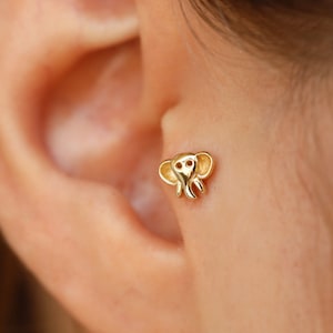 14K Solid Gold Elephant Earrings - Real Gold Elephant Studs - Cute Animal Jewelry - Tragus Piercing - Helix Piercing - Gift for Women