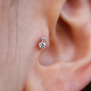 Piercing double solitaire en or massif 14 carats - Piercing hélice en or véritable - Puces d'oreilles en or délicats pour femme - Boucles d'oreilles cartilage - Cadeau pour femme