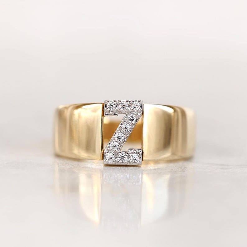 14K Real Gold Zircon Initial Ring - Personalized H Letter Ring - Solid Gold Initial Ring - Statement Rings for Women - Anniversary Gifts image 9