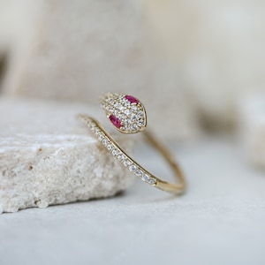 14K Gold Snake Ring - Wrap Around Zircon Ring - Gold Snake Jewelry - Sparkly Pave Serpent Ring - Adjustable Gold Snake Band - Gift for Her