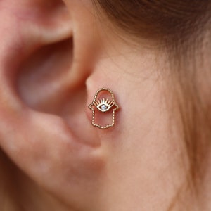 14K Solid Gold Hamsa Hand Piercing, Minimalist Tragus Piercing, Gold Stud Piercing, Stud Ear Piercing, Cartilage Piercing, Helix Piercing