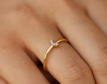 14K Solid Gold Crescent Moon Ring - Real Gold Celestial Ring - Tiny Half Moon Ring - Thin Band Ring - Dainty Stacking Ring - Gift for Her