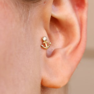 14k Gold Anchor Tragus Cartilage Helix Conch Lobe Piercing Minimalist Sailor Jewelry
