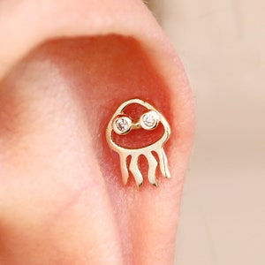 14k Solid Gold Jellyfish Piercing - Real Gold Jellyfish Zircon Earring - Cute Gold Sea Animal Helix Stud - Cartilage Piercing - Gift for Mom