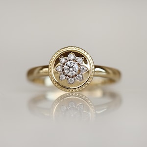 14K Solid Gold Zircon Flower Ring - Real Gold Signet Floral Ring - Dainty Ring - Stackable Ring - Minimalist Ring for Women - Gift for Her