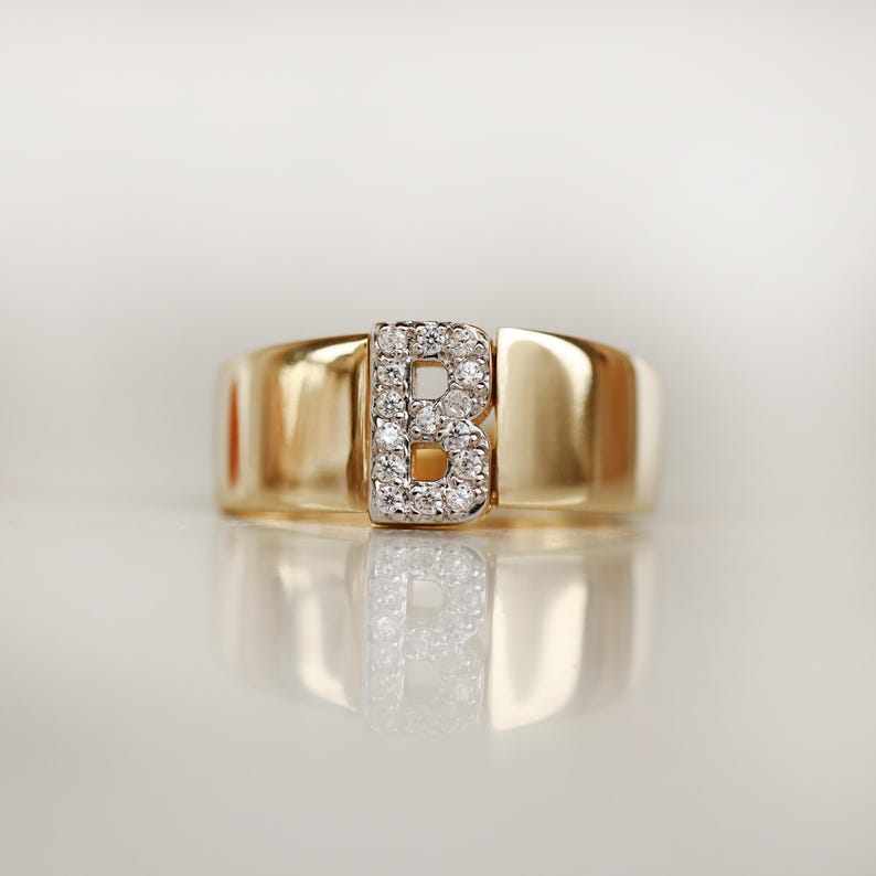 14K Real Gold Zircon Initial Ring - Personalized H Letter Ring - Solid Gold Initial Ring - Statement Rings for Women - Anniversary Gifts image 7