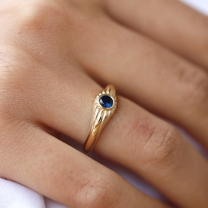 14K Solid Gold Blue Zircon Ring - Real Gold Blue Solitaire Ring - Vintage Style Dainty Ring - Minimalist Stacking Ring - Gift for Her