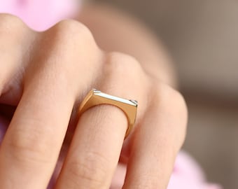 14K Solid Gold Flat Top Ring with Zircon - Real Gold Illusion Ring - Thin Horizontal Bar Ring - Stackable Square Band Ring - Gift for Her