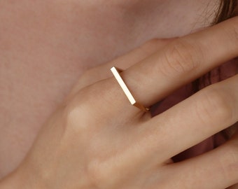 14K Solid Gold Flat Top Ring - Real Gold Statement Ring - Stacking Ring for Women - Dainty Line Ring - Minimalist Ring - Gift for Women