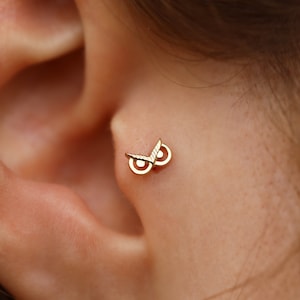 Piercing hibou en or massif 14 carats, piercing tragus minimaliste, clou d'oreille en or, piercing d'oreille, piercing du cartilage, piercing hélice
