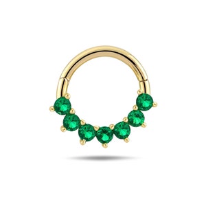 14K Solid Gold Daith Piercing - Green Gemstone Hinge Hoop Earrings - Cartilage Hoop - Helix Piercing - Real Gold Nose Ring - Gift for Her