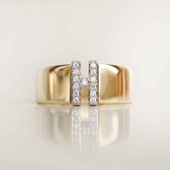 14K Real Gold Zircon Initial Ring - Personalized H Letter Ring - Solid Gold Initial Ring - Statement Rings for Women - Anniversary Gifts