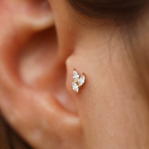 14K Solid Gold Triple Tragus Piercing - Tiny Zircon Stud Earrings -  Gold Helix Stud - Minimalist Tragus Piercing - Mother's Day Gifts