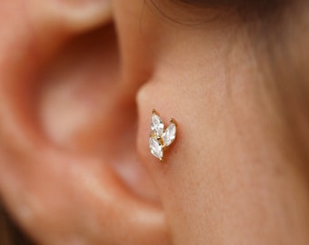 14K Solid Gold Triple Tragus Piercing - Tiny Zircon Stud Earrings -  Gold Helix Stud - Minimalist Tragus Piercing - Mother&#39;s Day Gifts