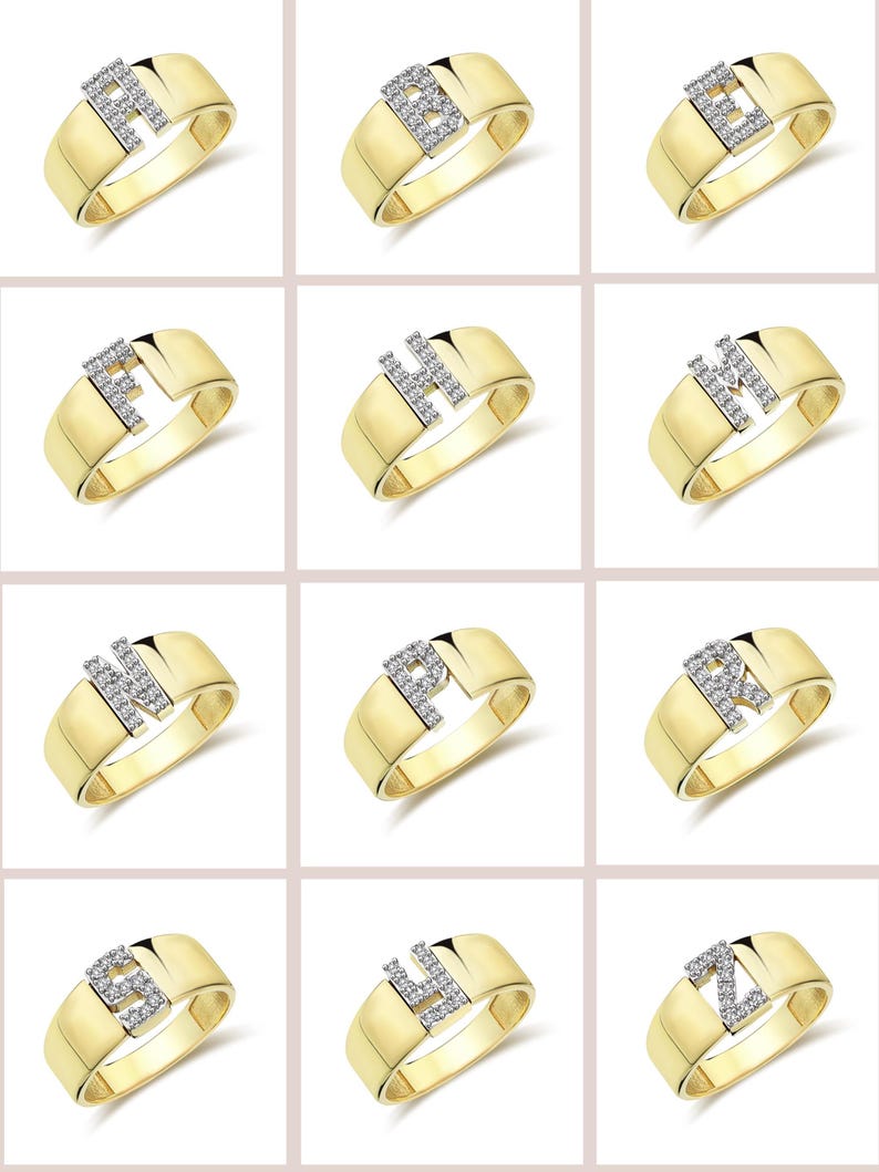 14K Real Gold Zircon Initial Ring - Personalized H Letter Ring - Solid Gold Initial Ring - Statement Rings for Women - Anniversary Gifts image 16