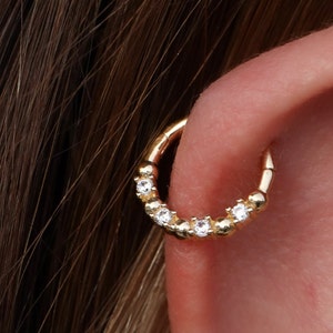 14K Solid Gold Hinge Hoop Earring, Zircon Stone Hoop Earrings, Gold Nose Ring, Nose Hoop Piercing, Daith Earring, Cartilage Hoop