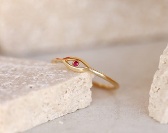 14K Solid Gold Sade Ring, Thing Gold Stacking Rings for Women, Dainty Gold Ring, Minimal Jewelry, Red Evil Eye Ring, Gift for Her