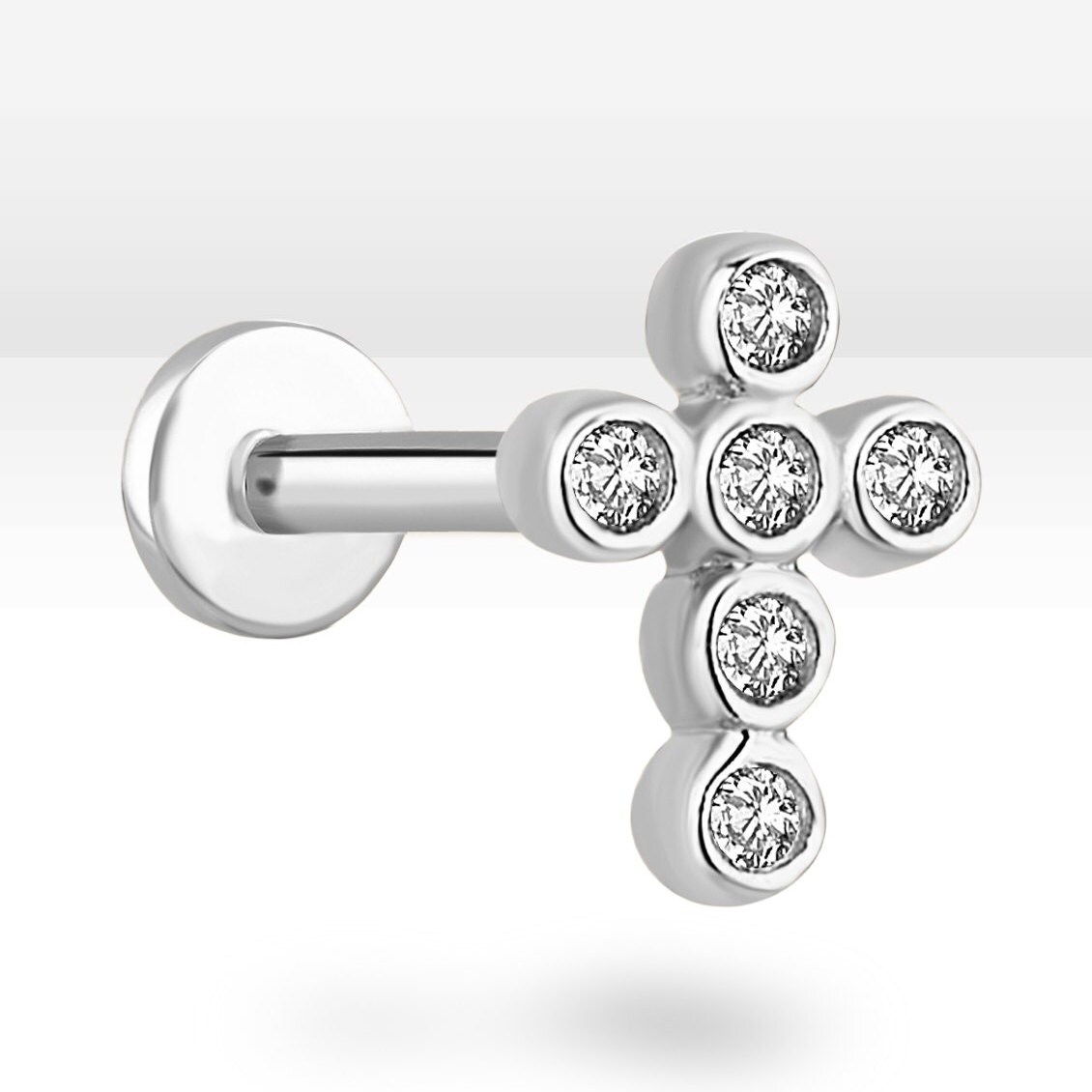 14K Solid Gold Cross Earring With Zircons - Real Gold Cross
