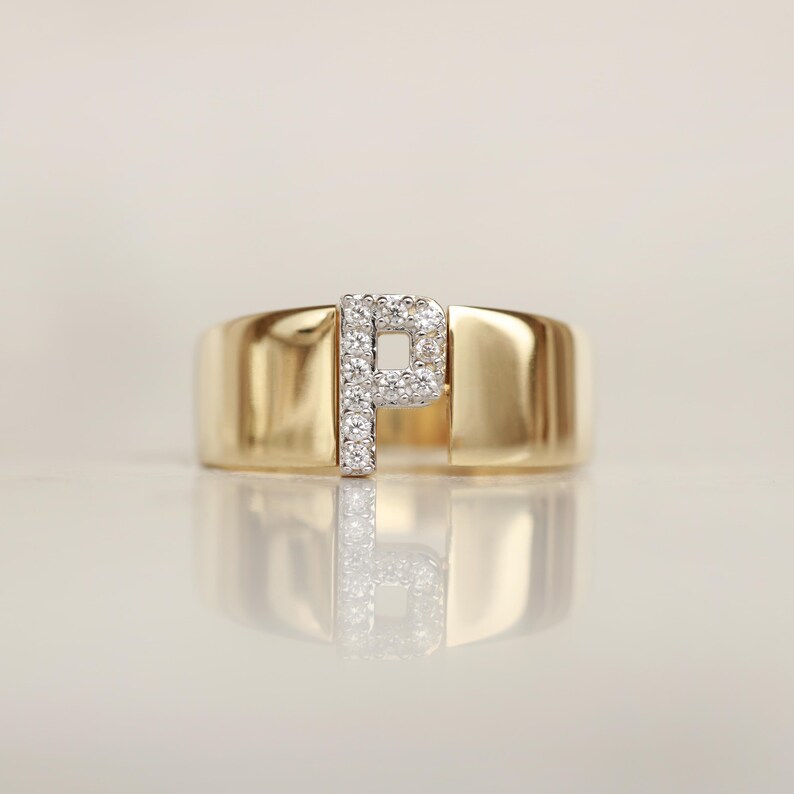 14K Real Gold Zircon Initial Ring - Personalized H Letter Ring - Solid Gold Initial Ring - Statement Rings for Women - Anniversary Gifts image 13