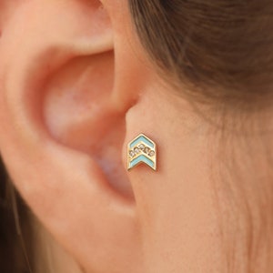 14 kt massief gouden chevronpiercing - echt goud blauw geëmailleerde zirkoonoorbellen - geometrische tragusstekker - gouden kraakbeenpiercing - cadeaus voor vrouwen