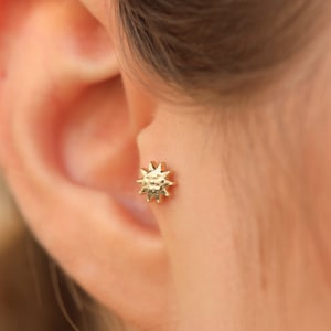 14K Solid Gold Sun Piercing - Real Gold Sun Earring - Celestial Jewelry for Women - Dainty Helix Piercing - Tragus Piercing - Gift for Her