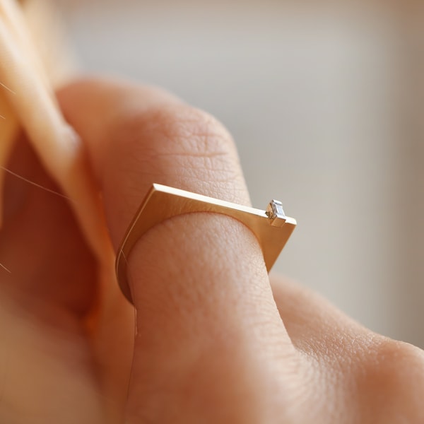 14K Solid Gold Flat Top Ring with Zircon - Stackable Square Band Ring - Thin Horizontal Bar Ring - Dainty Ring for Women - Gift for Her