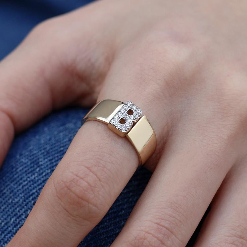 14K Real Gold Zircon Initial Ring - Personalized H Letter Ring - Solid Gold Initial Ring - Statement Rings for Women - Anniversary Gifts image 17