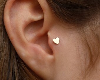 14K Solid Gold Tiny Heart Shaped Tragus Piercing - Real Gold Tragus Earrings - Helix Earring - Dainty Cartilage Earrings - Gift for Her