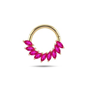 14K Solid Gold Hinge Hoop Earring, Marquize Zircon Stone Hoop Earrings, Gold Nose Ring, Nose Hoop Piercing, Daith Earring, Cartilage Hoop
