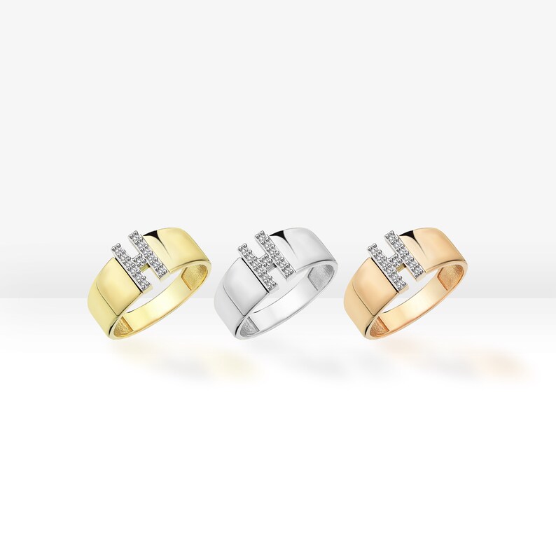 14K Real Gold Zircon Initial Ring - Personalized H Letter Ring - Solid Gold Initial Ring - Statement Rings for Women - Anniversary Gifts image 3