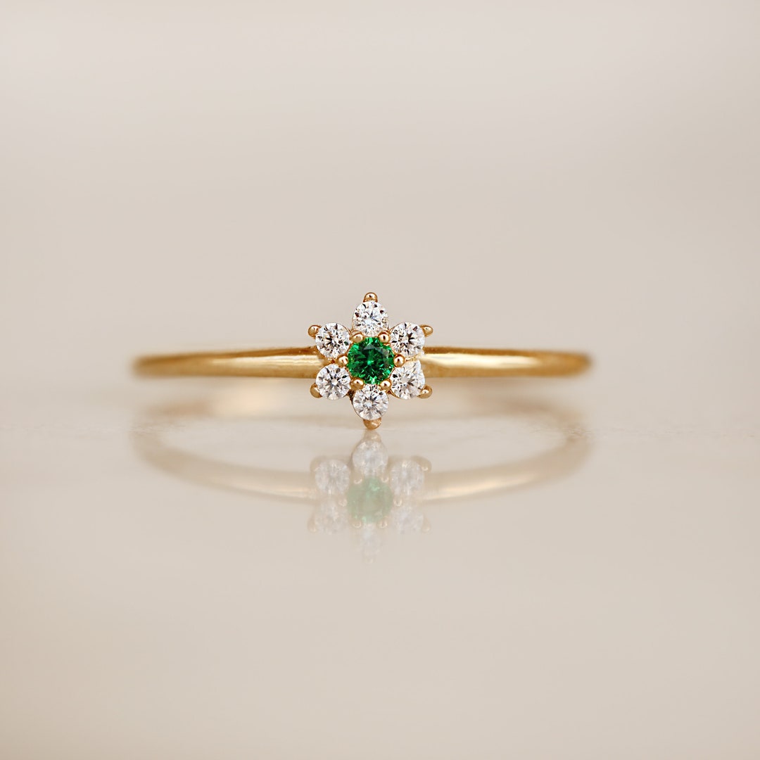 14K Solid Gold Flower Ring - Real Gold Floral Zircon Ring - Green Stone ...