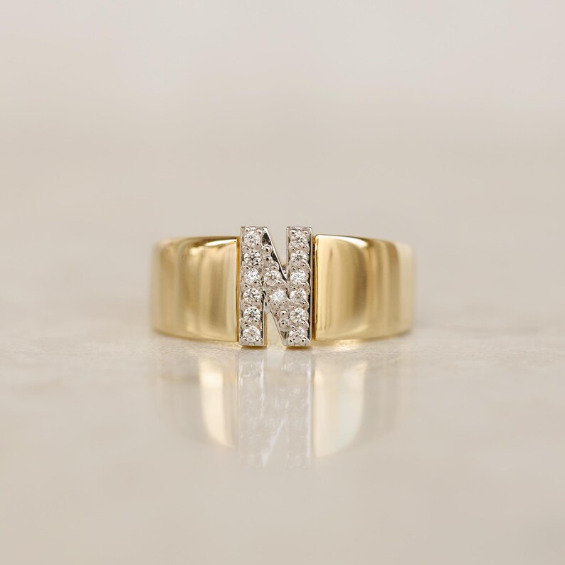 14K Real Gold Zircon Initial Ring - Personalized H Letter Ring - Solid Gold Initial Ring - Statement Rings for Women - Anniversary Gifts image 12