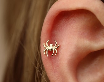 14K Solid Gold Spider Piercing, Minimalist Tragus Piercing, Gold Stud Piercing, Stud Ear Piercing, Cartilage Piercing, Helix Piercing