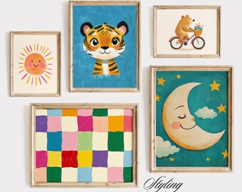 Boys Nursery Art: Bear, Moon, Tiger Gallery Wall Set, Kids Room Decor (Digital Download)