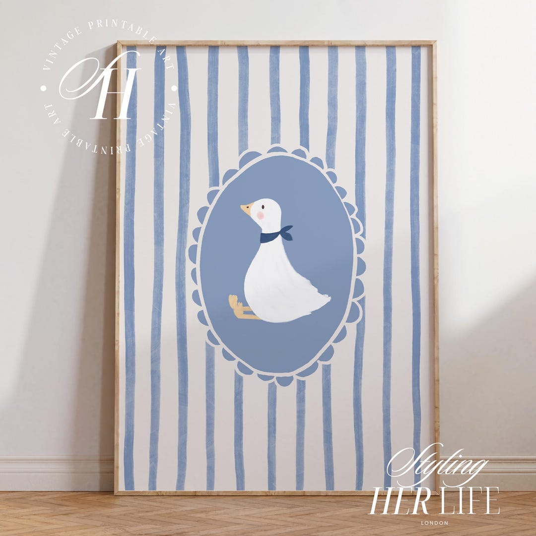 Vintage Goose Nursery Art Print: Blue Cottagecore Decor, Kids Room ...