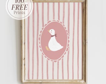 Vintage Goose Nursery Print: Pink Cottagecore Wall Art, Kids Room Decor (Digital Download)