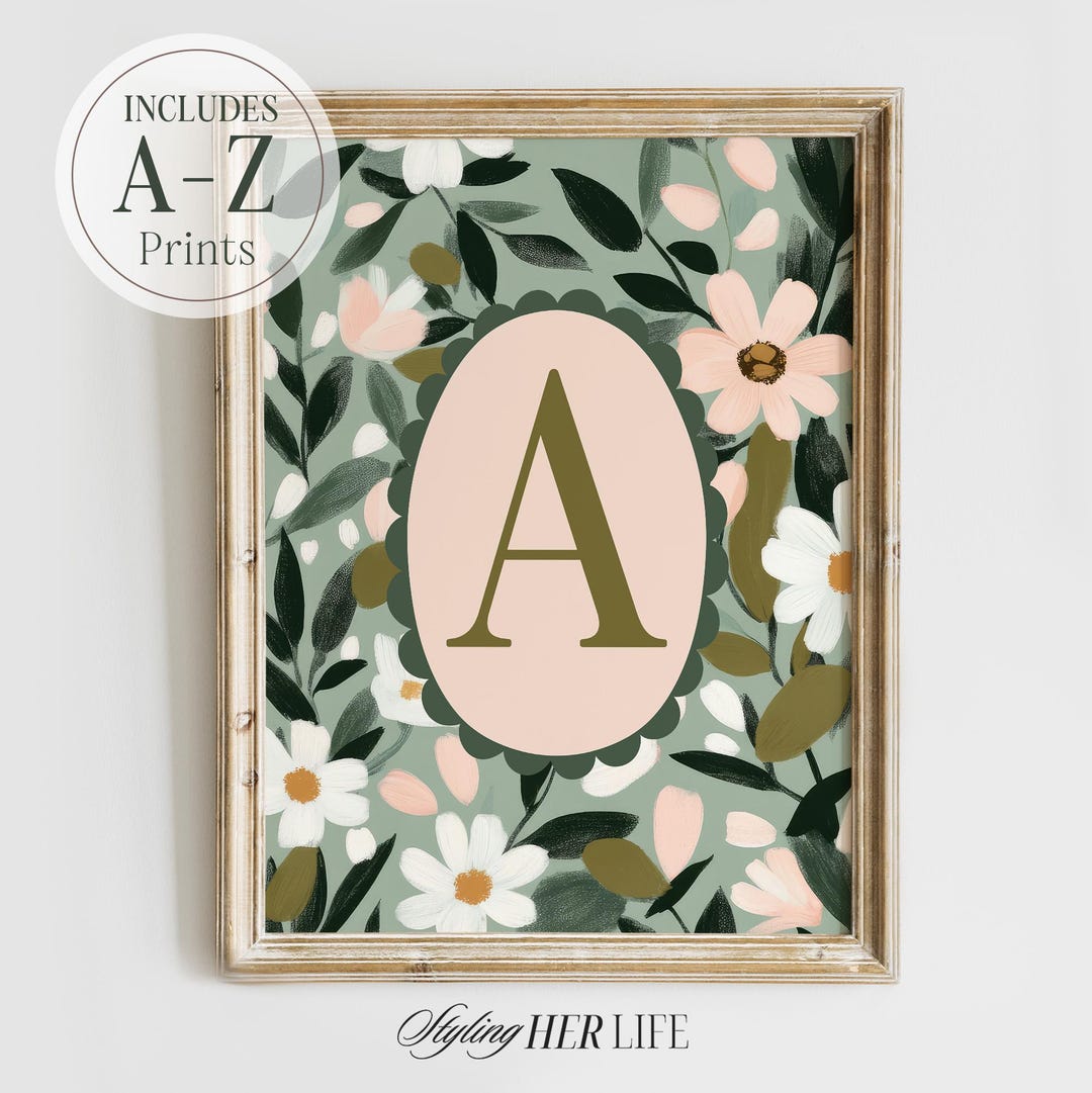 A-Z Floral Initial Nursery Print: Green Letter Art, Kids Room Decor ...