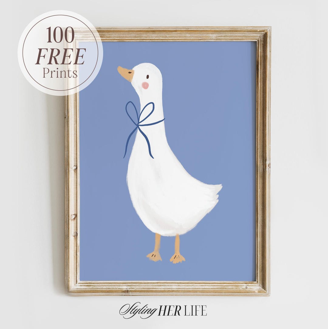 Vintage Goose Nursery Art Print: Cottagecore Blue Decor, Kids Room ...