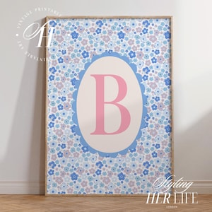 Impresión de flores con iniciales de la A a la Z, arte infantil con letras rosas, regalo para bebé recién nacido, impresión personalizada, arte infantil personalizado para niña, imprimible, DIGITAL