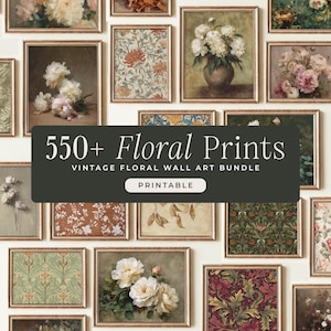 Puede incluir: Una colección de estampas florales enmarcadas en varios estilos y colores, incluyendo rosas, peonías y otros diseños botánicos. La imagen presenta una variedad de obras de arte enmarcadas con una estética vintage. El texto en la imagen dice "550+ Floral Prints, Vintage Floral Wall Art Bundle, Printable."
