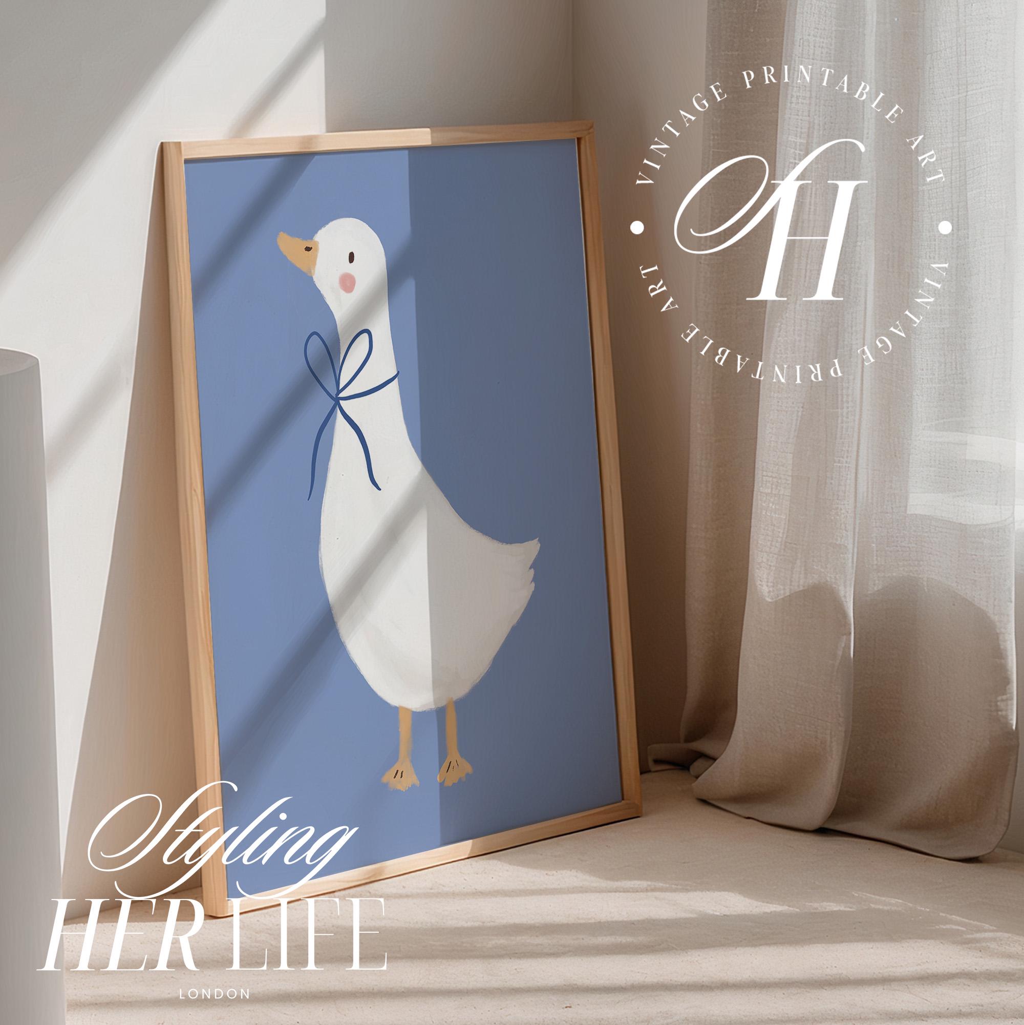 Vintage Goose Nursery Art Print: Cottagecore Blue Decor, Kids Room ...