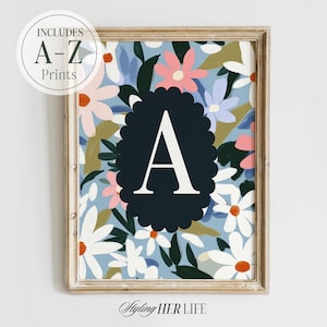 Impresión de flores con iniciales de la A a la Z, arte infantil con letras azules, regalo para bebé recién nacido, impresión personalizada, arte infantil personalizado para niña, imprimible, DIGITAL