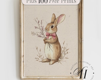 Vintage Bunny Nursery Print: Cottagecore Farmhouse Art, Girls Room Decor (Digital Download)