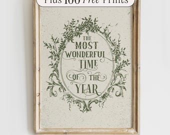 May include: A framed print with a green floral design and the text "The Most Wonderful Time of the Year".