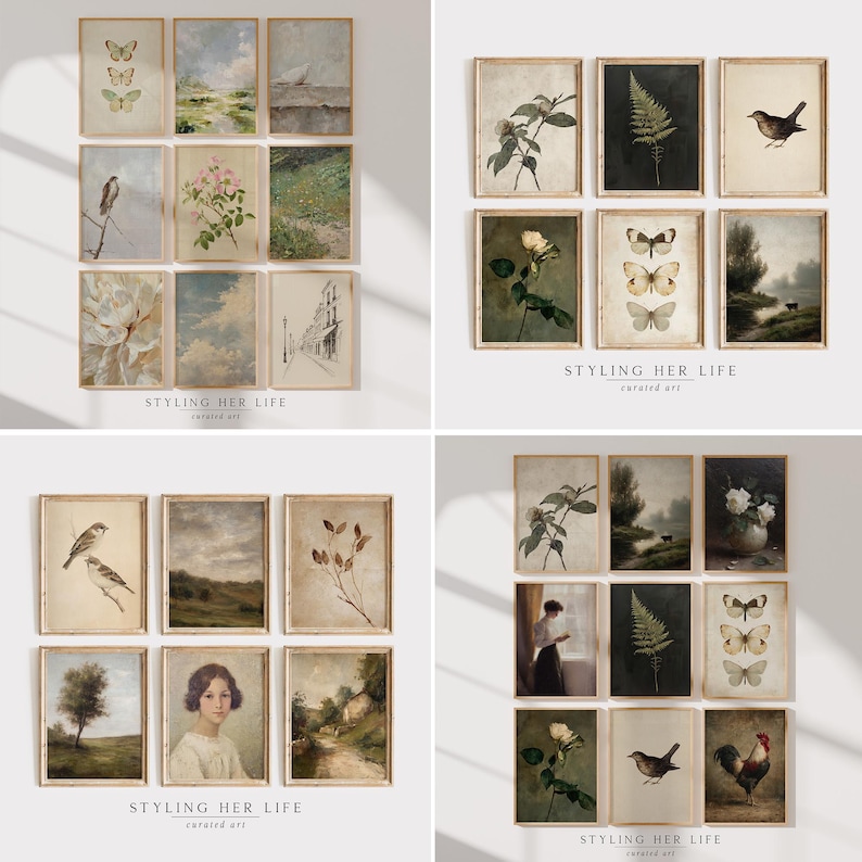 Puede incluir: Una colecci&oacute;n de grabados art&iacute;sticos vintage enmarcados. Los grabados presentan ilustraciones bot&aacute;nicas, paisajes y retratos en tonos apagados. El texto "STYLING HER LIFE curated art" est&aacute; en la parte inferior de algunos grabados.